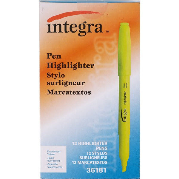 Integra Pen Style Fluorescent Highlighters - Chisel Marker Point - Yellow Ink - 12 / Box