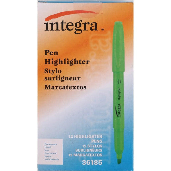 Integra Pen Style Fluorescent Highlighters - Chisel Marker Point - Green Ink - 12 / Box