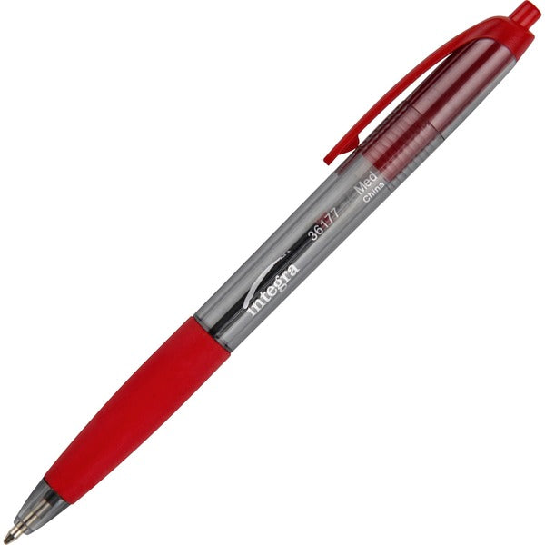 Integra Rubber Grip Retractable Pens - 1 mm (0.04") Medium Pen Point - Retractable - Red Ink - Red Barrel - 12 / Box