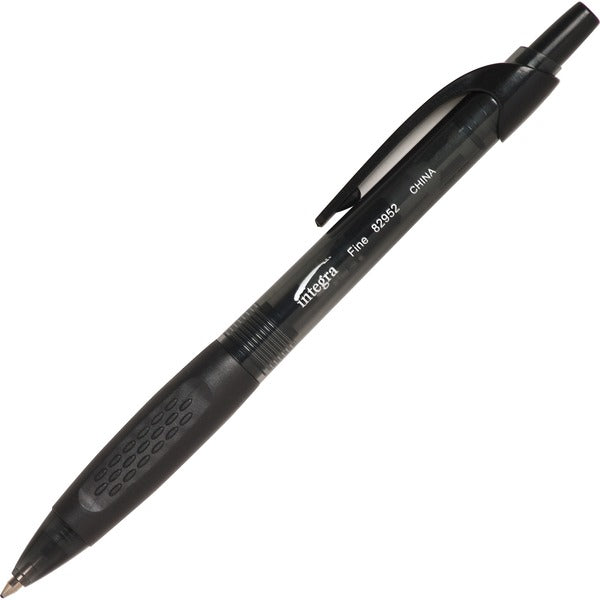 Integra 82952 Retractable Ballpoint Pens - Fine Pen Point - Retractable - Black Ink - Black, Transparent Barrel - 12 / Box