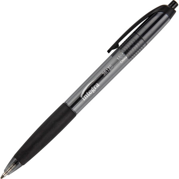 Integra Rubber Grip Retractable Pens - 1 mm (0.04") Medium Pen Point - Retractable - Black Ink - Black Barrel - 12 / Box