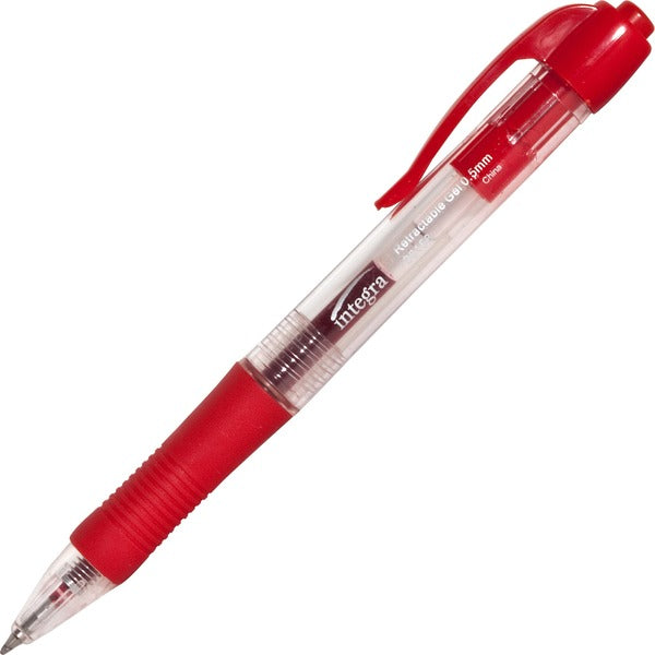 Integra Retractable 0.5mm Gel Pens - 0.5 mm (0.02") Fine Pen Point - Retractable - Red Ink - Red Barrel - Metal Tip - 12 / Box