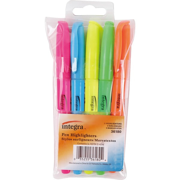 Integra Pen Style Fluorescent Highlighters - Chisel Marker Point - Assorted Ink - 5 / Pack