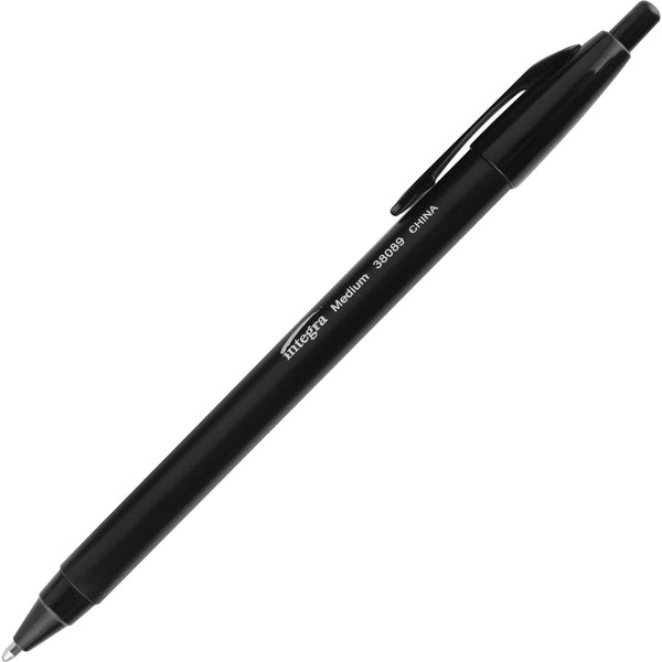 Integra Triangular Barrel Retractable Ballpnt Pens - Medium Pen Point - Retractable - Black Ink - Black Plastic Barrel - 12 / Box