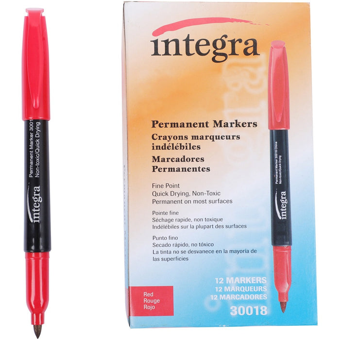 Integra Permanent Fine Point Markers - Red Ink - 12 / Box