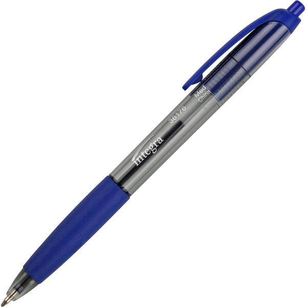 Integra Rubber Grip Retractable Pens - 1 mm (0.04") Medium Pen Point - Retractable - Blue Ink - Blue Barrel - 12 / Box