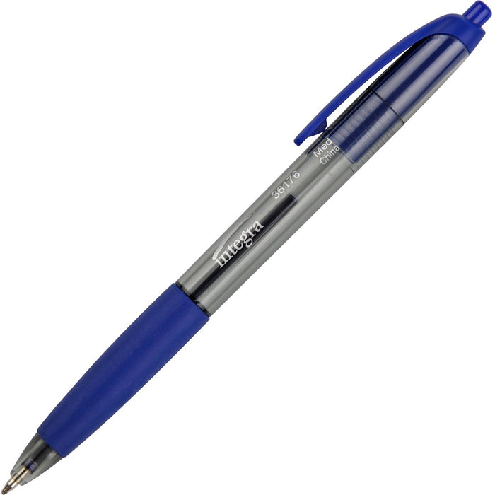 Integra Rubber Grip Retractable Pens - Retractable - Blue Ink - Blue Barrel - 12 / Box