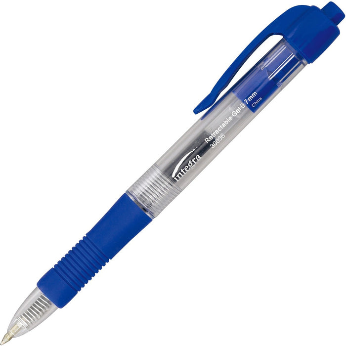 Integra Retractable 0.7mm Gel Pens - Retractable - Blue Ink - Gel-based - Clear Barrel - Metal Tip - 12 / Box