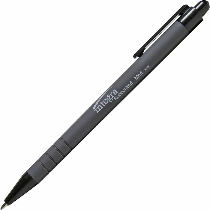 Integra Rubber Barrel Retractable Ballpoint Pens - Retractable - Black Ink - Rubber Barrel - 12 / Box