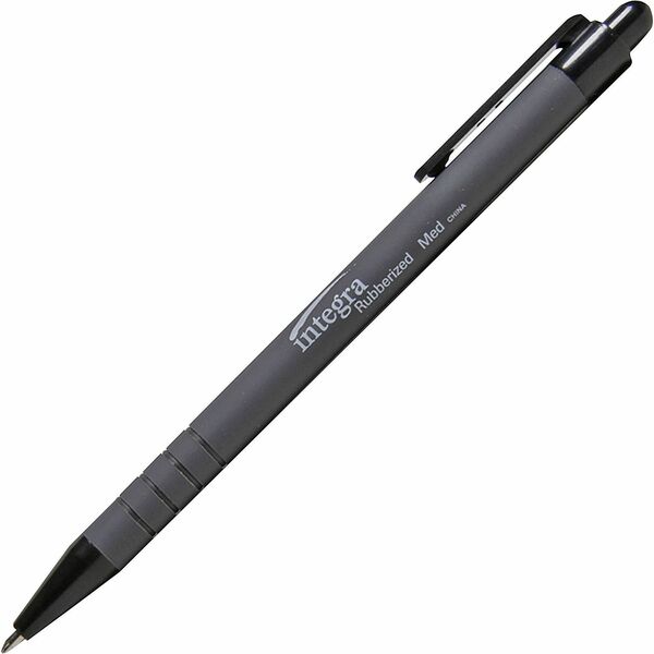 Integra Rubber Barrel Retractable Ballpoint Pens - 1 mm (0.04") Medium Pen Point - Retractable - Black Ink - Rubber Barrel - 12 / Box