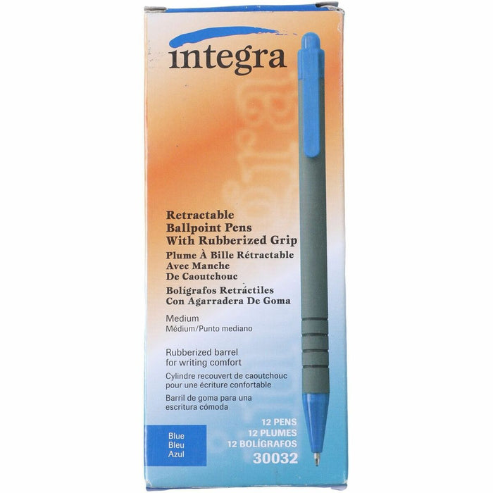 Integra Rubber Barrel Retractable Ballpoint Pens - Retractable - Blue Ink - Rubber Barrel - 12 / Box