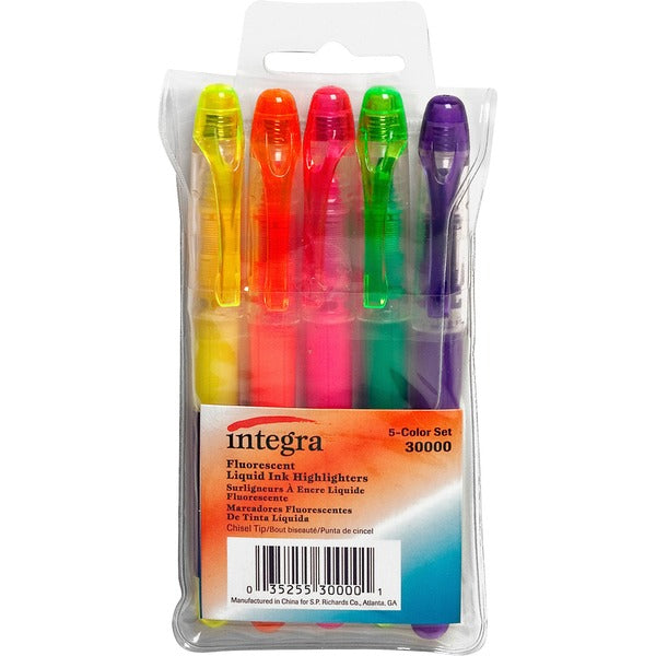Integra Liquid Highlighters - Fine Chisel Marker Point - Assorted Ink - 5 / Pack