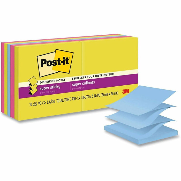 Post-it&reg; Super Sticky Pop-up Notes R330-10SSJOY, 3 in x 3 in (76 mm x 76 mm) - 900 - 3" (76.20 mm) Flag/Note Width x 3" (76.20 mm) Flag/Note Length - Rectangle - 90 Sheets per Pad - Unruled - Summer Joy - Super Sticky, Adhesive, Recyclable - 10 / Pack