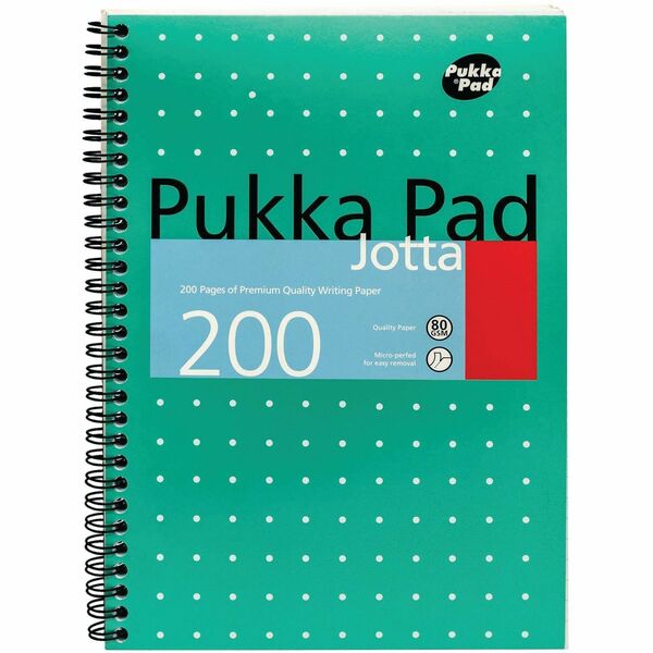 Pukka Pads B5 Metallic Jotta Notepad - 200 Pages - Printed - Wire Bound - Ruled Front Ruling - 0.31" (8 mm) Ruled - 80 g/m&#178; Grammage - B5 - 10" (254 mm) x 8" (203.20 mm) Sheet Size - Green Cover - Perforated - 1 / Each