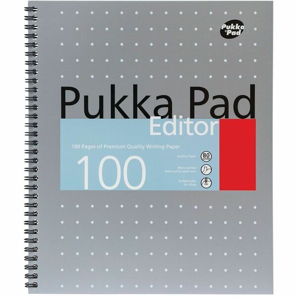 Pukka Pads Editor Notepad Letter Size, Silver - 50 Sheets - 100 Pages - Printed - Both Side Ruling Surface - Ruled Front Ruling - 0.31" (8 mm) Ruled - 3 Hole(s) - 80 g/m&#178; Grammage - Letter - 8 1/2" (215.90 mm) x 11" (279.40 mm) Sheet Size - 11.25" (2