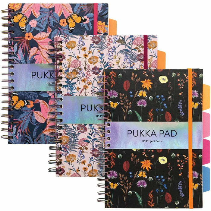 Pukka Pads Bloom B5 Hardcover Project Book - Assorted Pack Of 3 - 200 Pages - Printed - Twin Wirebound - Both Side Ruling Surface - Ruled Front Ruling - 0.31" (8 mm) Ruled - 80 g/m² Grammage - B5 - 6 29/32" (17.53 cm) x 9 4/5" (24.89 cm) Sheet Size -