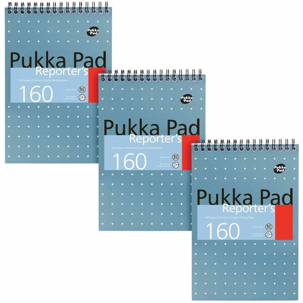 Pukka Pads Reporter's Pad - 160 Pages - Wire Bound - 80 g/m&#178; Grammage - 5 33/64" x 8 5/64" - White Paper - Perforated - 3 / Pack