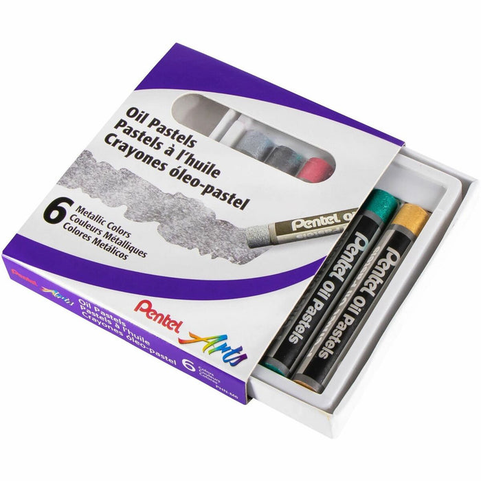 Pentel Oil Pastels Metallic Colours - Small - For Child - Gold, Silver, Metallic Blue, Metallic Red, Metallic Green, Gunmetal - 6 / Pack