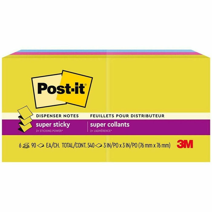 Post-it&reg; Super Sticky Pop-up Notes R330-6SSJOY, 3 in x 3 in (76 mm x 76 mm) - 540 x Multicolor - 3" (76.20 mm) Flag/Note Width x 3" (76.20 mm) Flag/Note Length - 90 Sheets per Pad - Citron, Power Pink, Washed Denim - Recycled - 6 / Pack