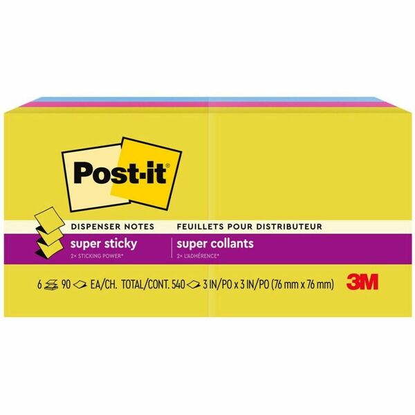 Post-it&reg; Super Sticky Pop-up Notes R330-6SSJOY, 3 in x 3 in (76 mm x 76 mm) - 540 x Multicolor - 3" x 3" - 90 Sheets per Pad - Citron, Power Pink, Washed Denim - 6 / Pack - Recycled