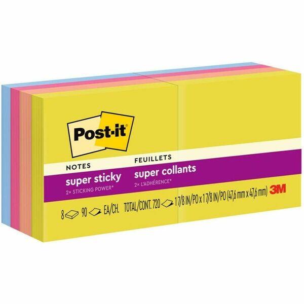 Post-itÂ&reg; Super Sticky Notes, 1 7/8 in x 1 7/8 in, Summer Joy Collection - 2" x 2" - Square - 90 Sheets per Pad - Unruled - Citron Yellow, Papaya Fizz, Power Pink, Washed Denim - Paper - Super Sticky, Recyclable, Adhesive - 1 Each