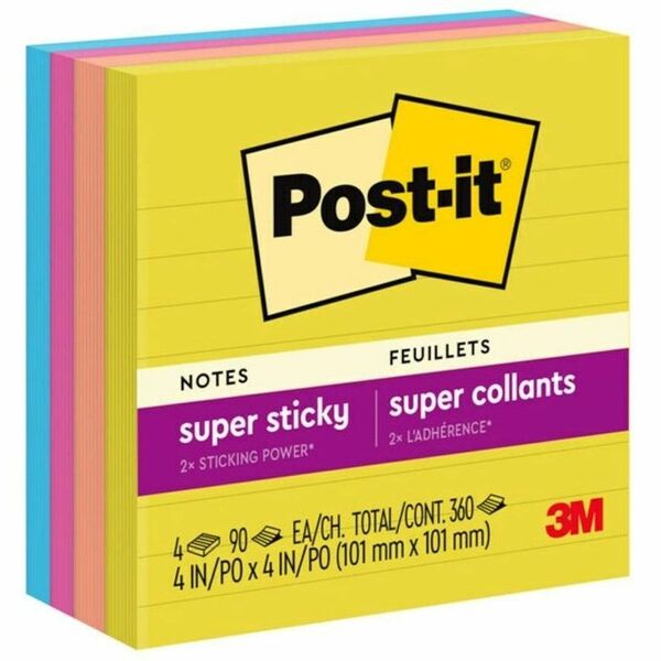 Post-it&reg; Super Sticky Notes 675-4SSJOY, 4 in x 4 in (101 mm x 101 mm) - 270 - 4" (101.60 mm) Flag/Note Width x 4" (101.60 mm) Flag/Note Length - 90 Sheets per Pad - Ruled - Recyclable, Super Sticky, Adhesive - 1 / Each
