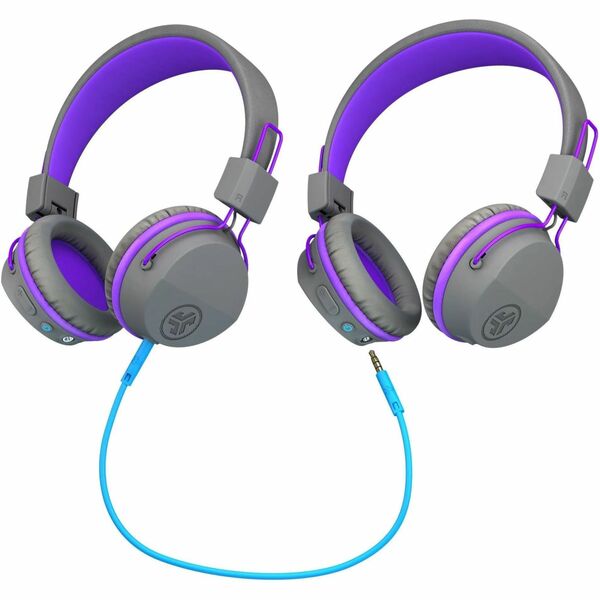 JLab Audio JBuddies Studio Wireless & Wired On-Ear Kids Headphones - Stereo - AUX, Mini-phone (3.5mm) - Wired/Wireless - Bluetooth - 32 Ohm - 20 Hz to 20 kHz - On-ear, Over-the-head - Binaural - Circumaural - MEMS Technology Microphone - Gray, Purple