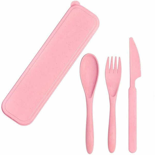 EXECO Bio-d&eacute;gradable Utensils Set - 3 Piece(s) - Cutlery Set - Wheat Straw Plastic - Pink