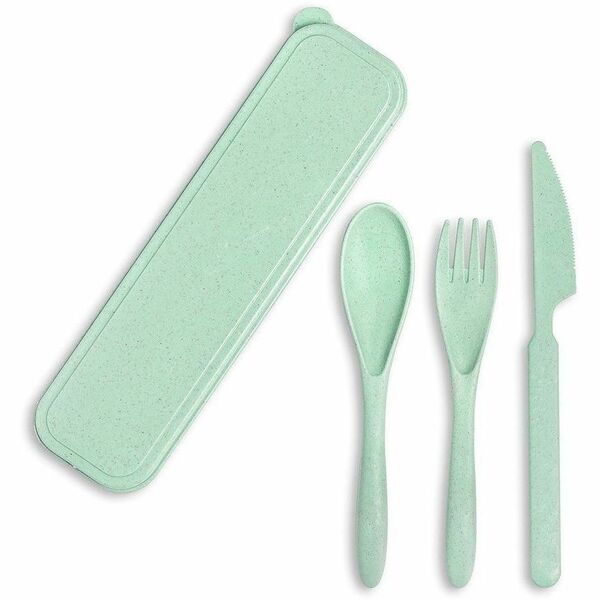 EXECO Bio-d&eacute;gradable Utensils Set - 3 Piece(s) - Cutlery Set - Wheat Straw Plastic - Green