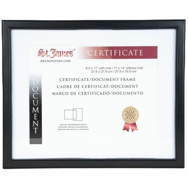 St. James&reg; Certificate/Document/Diploma Frame, 8.5x11" with Mat or 11x14"without Mat, Black - 14" (355.60 mm) x 11" (279.40 mm) Frame Size - Horizontal, Vertical - Sturdy, Swivel Clip - Polypropylene - Black - 1 Each