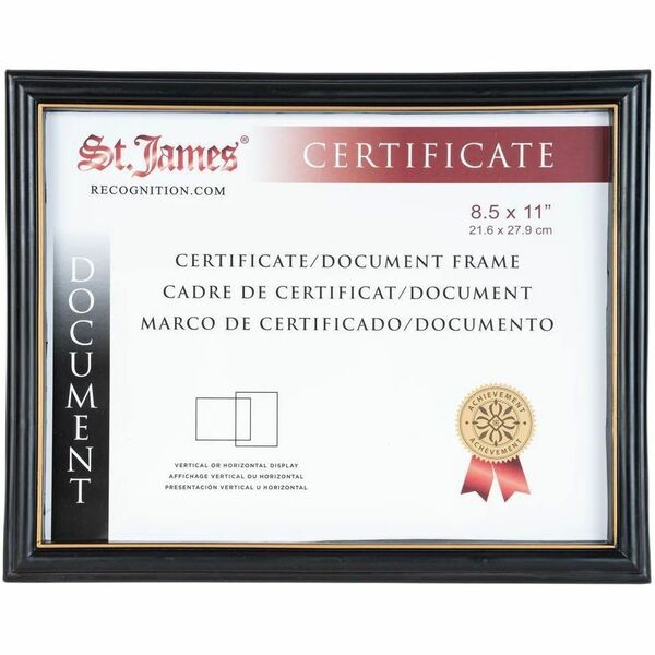 St. James&reg; Certificate/Document/Diploma Frame, 8.5x11" , Black with Gold Trim - 11" (279.40 mm) x 8.50" (215.90 mm) Frame Size - Horizontal, Vertical - Sturdy, Swivel Clip - Polypropylene - Black, Gold - 1 Each