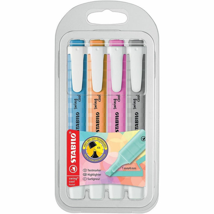 Stabilo Highlighter Swing Cool Pastel - 4 mm (0.16") Chisel Marker Point - Orange, Blue, Fuschia, Gray Ink - Water Based - 4 / Pack