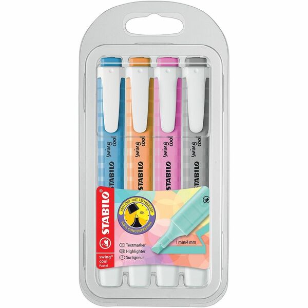 Stabilo Highlighter Swing Cool Pastel - 1 mm (0.04") Chisel Marker Point - Orange, Blue, Fuschia, Gray Ink - Water Based - 4 / Pack