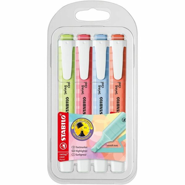 Stabilo Highlighter Swing Cool Pastel - 1 mm (0.04") Chisel, Wedge Marker Point - Lime, Clear Blue, Coral Red, Cherry Blossom Ink - Water Based - 4 / Pack