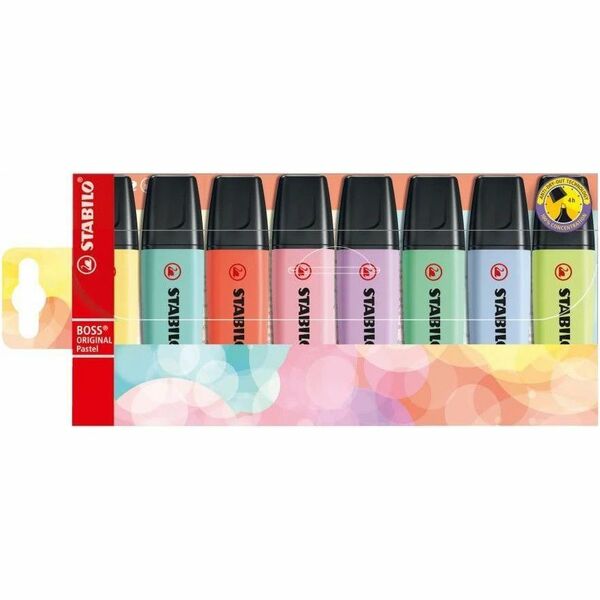 Stabilo Highlighter Boss Original Pastel - 2 mm (0.08") Chisel, Wedge Marker Point - Assorted Pastel Ink - Water Based - 8 / Pack