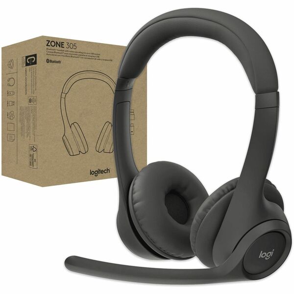 Logitech Zone 305 Headset - Microsoft Teams Certification - Stereo - Wireless - Bluetooth - 98.4 ft (30 m) - 32 Ohm - 50 Hz to 20 kHz - Over-the-head - Binaural - Supra-aural - Omni-directional, MEMS Technology, Noise Cancelling Microphone - Noise Canceli