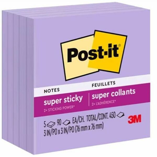 Post-itÂ&reg; Super Sticky Notes 654-5SSLV, 3 in x 3 in (76 mm x 76 mm) - 3" x 3" - Square - 90 Sheets per Pad - Orchid Frost - Paper - Sticky, Recyclable, Adhesive, Removable - 1 Each