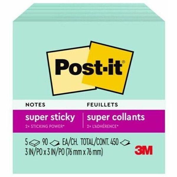 Post-it&reg; Super Sticky Notes 654-5SSMT, 3 in x 3 in (76 mm x 76 mm) - 3" (76.20 mm) Flag/Note Width x 3" (76.20 mm) Flag/Note Length - Square - 90 Sheets per Pad - Fresh Mint - Paper - Sticky, Recyclable, Adhesive, Removable - 5 / Pack