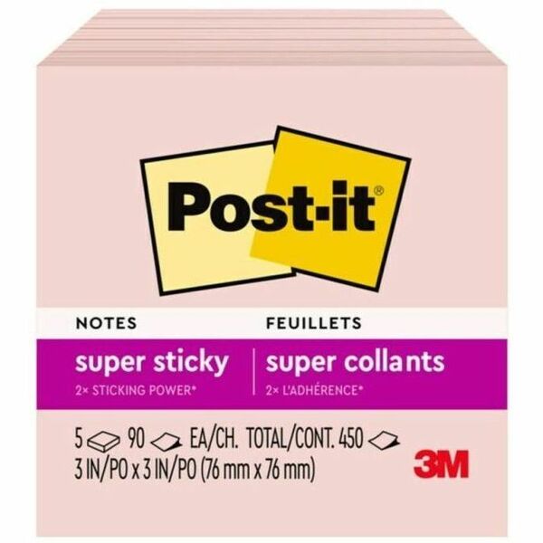 Post-itÂ&reg; Super Sticky Notes 654-5SSPST, 3 in x 3 in (76 mm x 76 mm) - 3" x 3" - Square - 90 Sheets per Pad - Pink Salt - Paper - Sticky, Recyclable, Adhesive, Removable - 1 Each