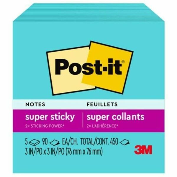 Post-it&reg; Super Sticky Notes, 3 in x 3 in, Aqua Wave, 5 Pads/Pack, 90 Sheets/Pad - 3" (76.20 mm) Flag/Note Width x 3" (76.20 mm) Flag/Note Length - Square - 90 Sheets per Pad - Aqua Wave - Paper - Sticky, Recyclable, Adhesive, Removable - 1 Each