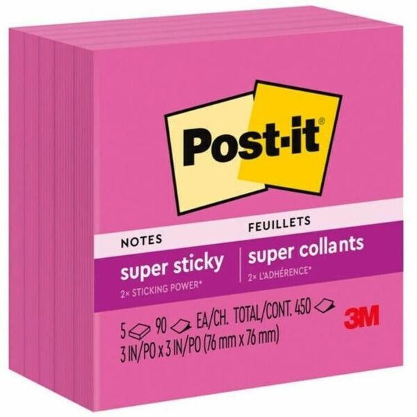 Post-it&reg; Super Sticky Notes 654-5SSPRP, 3 in x 3 in (76 mm x 76 mm) - 3" (76.20 mm) Flag/Note Width x 3" (76.20 mm) Flag/Note Length - Square - 90 Sheets per Pad - Power Pink - Paper - Sticky, Recyclable, Adhesive, Removable - 5 / Pack