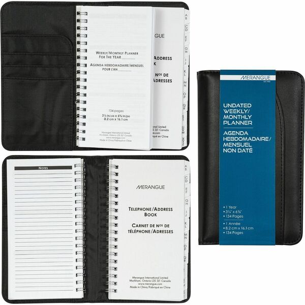 Merangue Undated Weekly/Monthly Planner, 3-¼ X 6-¼" - Undated - 3 1/4" (82.55 mm) x 6 1/4" (158.75 mm) Sheet Size - Black Polyurethane Cover