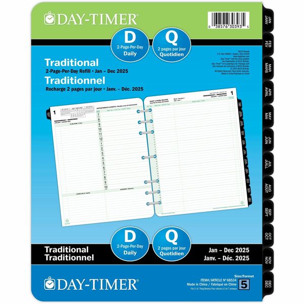 Day-Timer Planner Refill - Folio Size - 12 Month - January 2025 - December 2025 - 1 Day Double Page Layout - 8 1/2" x 11" Sheet Size - Paper - Bilingual, Recyclable, Eco-friendly