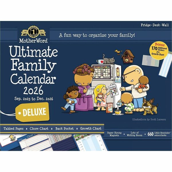 Mead MotherWord Ultimate Family Magnetic Calendar (16 Months), 18" x 13-1/2" , English - Monthly - 16 Month - September 2025 to December 2026 - 18" (457.20 mm) x 13 1/2" (342.90 mm) Sheet Size - Refrigerator Mount - Self-adhesive, Magnetic - 1 Each