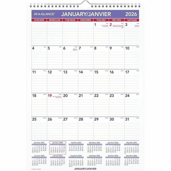 At-A-Glance Monthly Wall Calendar, 12" x 17" , Bilingual - Monthly - 12 Month - January 2026 to December 2026 - 1 Month Single Page Layout - 12" (304.80 mm) x 17" (431.80 mm) Sheet Size - Twin Wire - Wall Mount - Recyclable, Ruled Daily Block, Eyelet, Bil