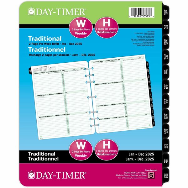 Day-Timer Planner Refill - Folio Size - 12 Month - January 2025 - December 2025 - 1 Week Double Page Layout - 8 1/2" x 11" Sheet Size - Paper - Bilingual, Recyclable, Eco-friendly