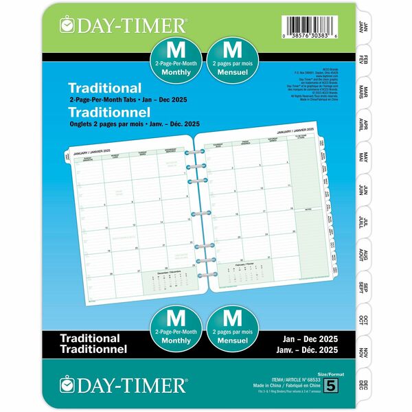 Day-Timer Planner Refill - Folio Size - 12 Month - January 2025 - December 2025 - 1 Month Double Page Layout - 8 1/2" x 11" Sheet Size - Paper - Bilingual, Recyclable, Eco-friendly