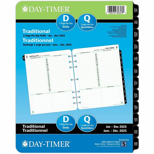 Day-Timer Planner Refill - Folio Size - 12 Month - January 2025 - December 2025 - 1 Day Single Page Layout - 8 1/2" x 11" Sheet Size - Paper - Bilingual, Recyclable, Eco-friendly