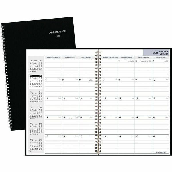 DayMinder Monthly Planner, 11-7/8" x 7-7/8" , Bilingual, Black - Monthly - 14 Month - December 2025 to January 2027 - 1 Month Double Page Layout - 7 7/8" (200.15 mm) x 11 7/8" (301.75 mm) Sheet Size - Spiral Bound - Black - Mock Leather Cover - Ruled Dail