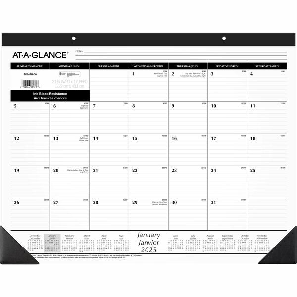 At-A-Glance Monthly Desk Pad Calendar, 21-3/4" x 17" , Bilingual - Monthly - 12 Month - January 2026 to December 2026 - 1 Month Single Page Layout - 17" (431.80 mm) x 22" (558.80 mm) Sheet Size - Desk Pad, Desk - Perforated, Tear-off, Top Bound, Ruled Dai